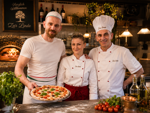 Drei Köche stehen in einer Küche, halten eine Pizza mit frischen Zutaten.