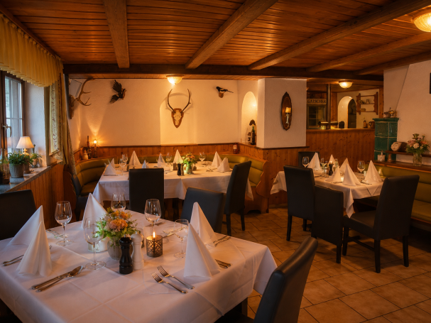 Gemütliches Restaurant mit gedeckten Tischen, Holzdecke und Jagdmotiven an den Wänden.