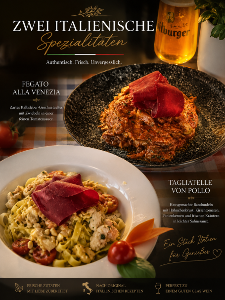 Zwei italienische Gerichte: Pesto Pasta und Spaghetti mit Schinken, dekoriert mit Tomaten.